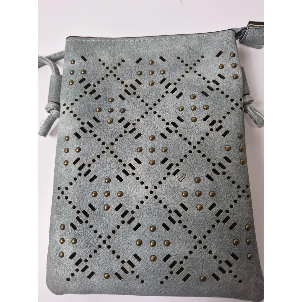 Stay Beautiful Laser Cut Studded Crossbody Phone Bag Blue Faux Suede boho